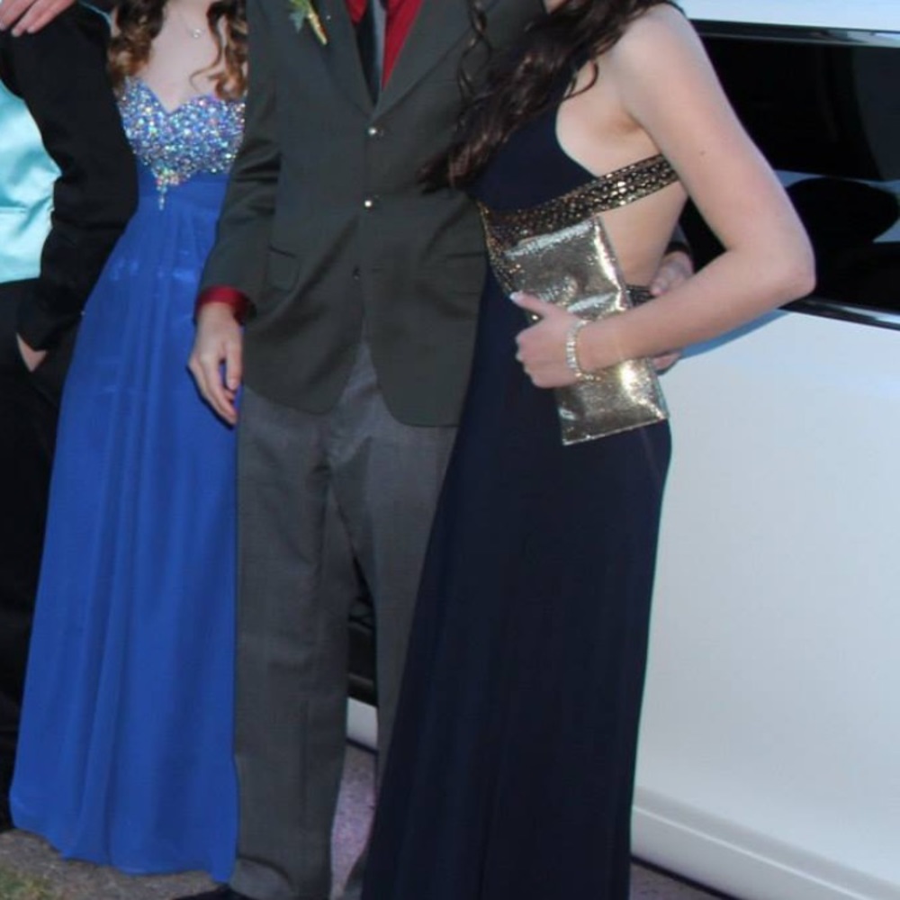 Navy blue + gold sequin floor length prom dress.